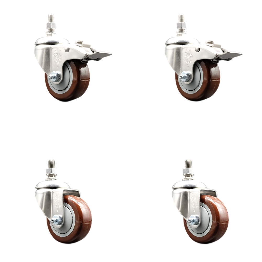 Poly Swivel Stem Caster Set of 4 with 3 Inch Maroon Caster Wheels-12mm Metric Threaded Stems-316 Stainless Steel Caster-Include 2 Swivel Casters with Total Lock Brake and 2 Swivel-Service Caster Brand — photo 1