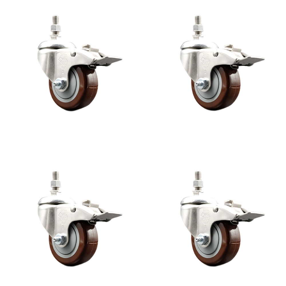Polyurethane Swivel Stem Caster Set of 4 with 3 Inch Maroon Caster Wheels - 12mm Metric Threaded Stems-316 Stainless Steel Casters-Includes 4 Swivel Casters with Total Lock Brakes-Service Caster Brand — photo 1