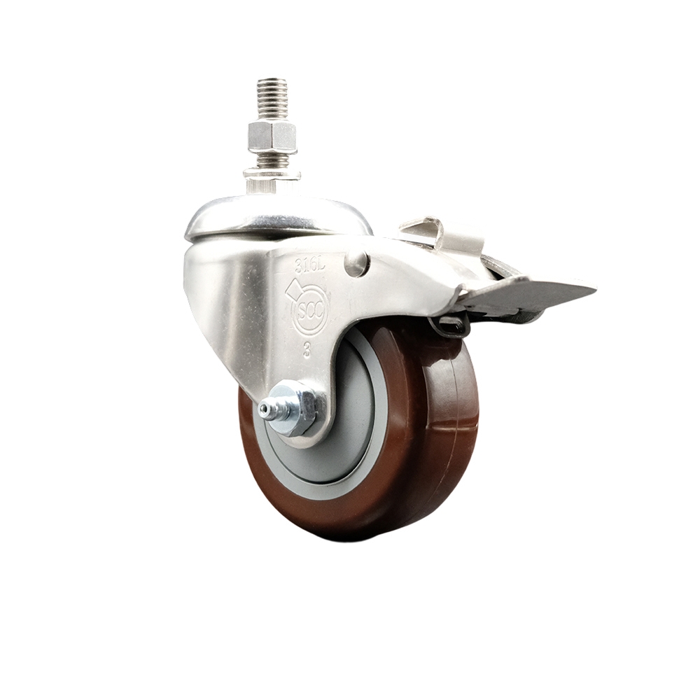 Polyurethane Swivel Stem Caster with 3 Inch Maroon Caster Wheel and Total Lock Brake - 12mm Metric Threaded Stem - 316 Stainless Steel Caster - 300 lbs. Capacity Per Caster - Service Caster Brand — photo 1