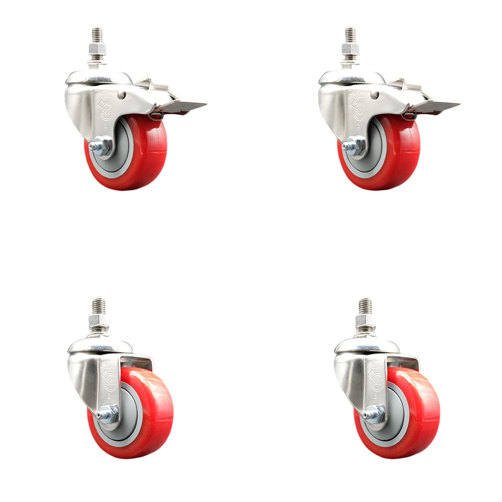 Poly Swivel Stem Caster Set of 4 with 3 Inch Red Caster Wheels - 1/2" Threaded Stems - 316 Stainless Steel Casters -Includes 2 Swivel Casters with Total Lock Brakes and 2 Swivel-Service Caster Brand — photo 1