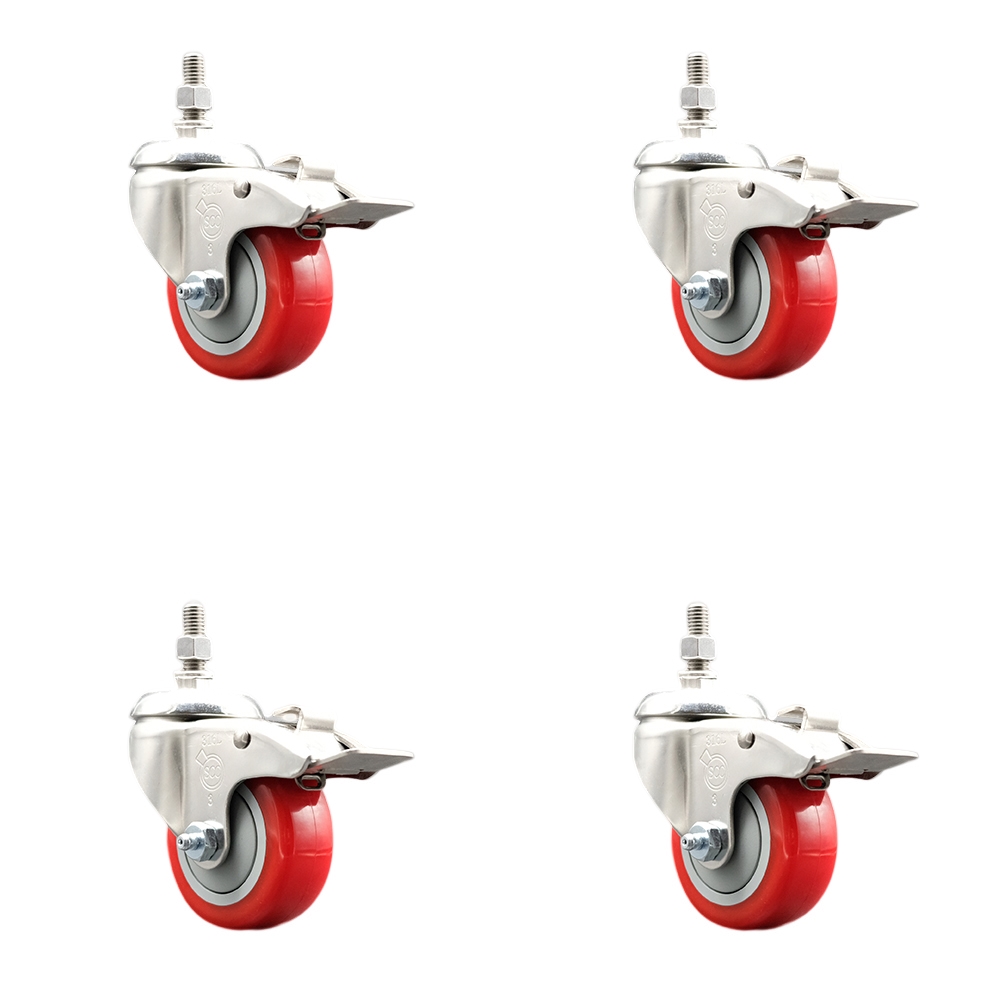 Polyurethane Swivel Stem Caster Set of 4 with 3.5 Inch Red Caster Wheels - 1/2" Threaded Stems - 316 Stainless Steel Casters - Includes 4 Swivel Casters with Total Lock Brakes - Service Caster Brand — photo 1