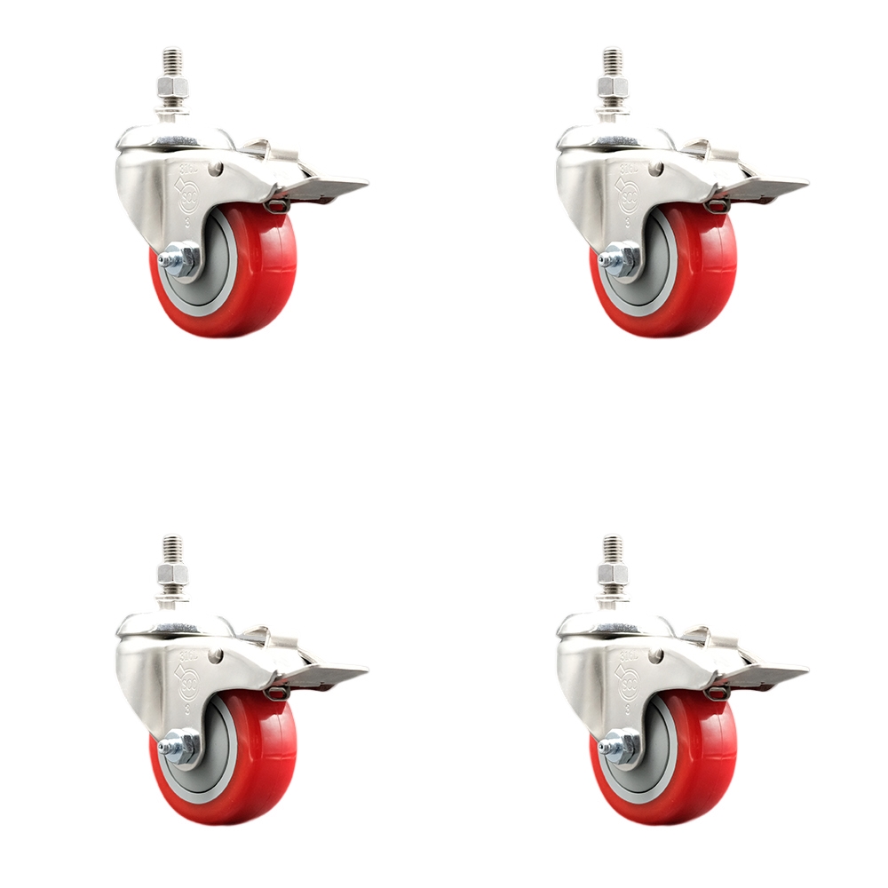 Polyurethane Swivel Stem Caster Set of 4 with 3 Inch Red Caster Wheels - 10mm Metric Threaded Stems -316 Stainless Steel Casters-Includes 4 Swivel Casters with Total Lock Brakes-Service Caster Brand — photo 1