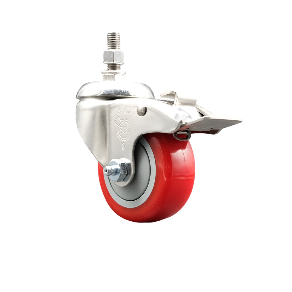 Polyurethane Swivel Stem Caster with 3 Inch Red Caster Wheel and Total Lock Brake - 10mm Metric Threaded Stem - 316 Stainless Steel Caster - 300 lbs. Capacity Per Caster - Service Caster Brand — photo 1