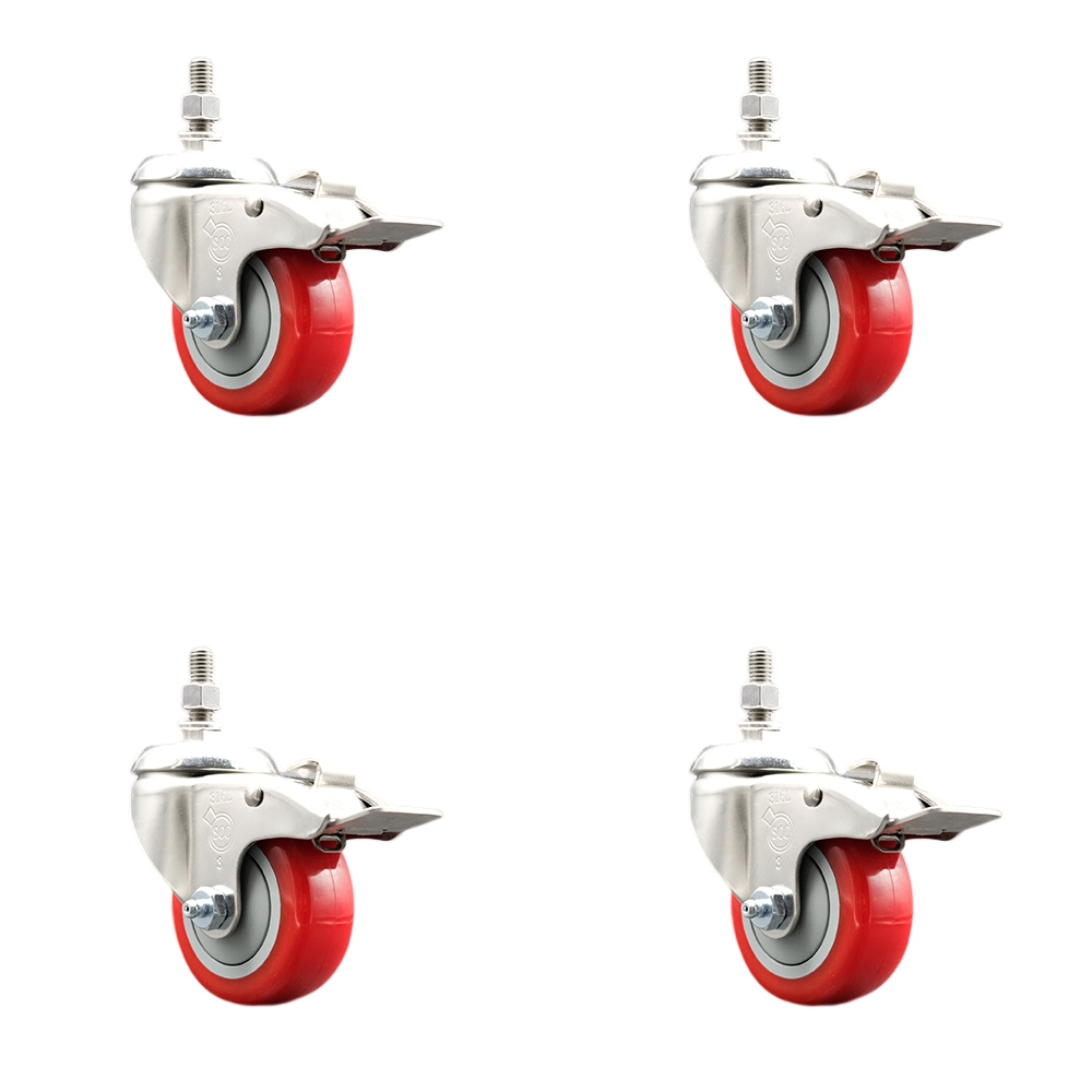 Polyurethane Swivel Stem Caster Set of 4 with 3 Inch Red Caster Wheels - 12mm Metric Threaded Stems -316 Stainless Steel Casters-Includes 4 Swivel Casters with Total Lock Brakes-Service Caster Brand — photo 1