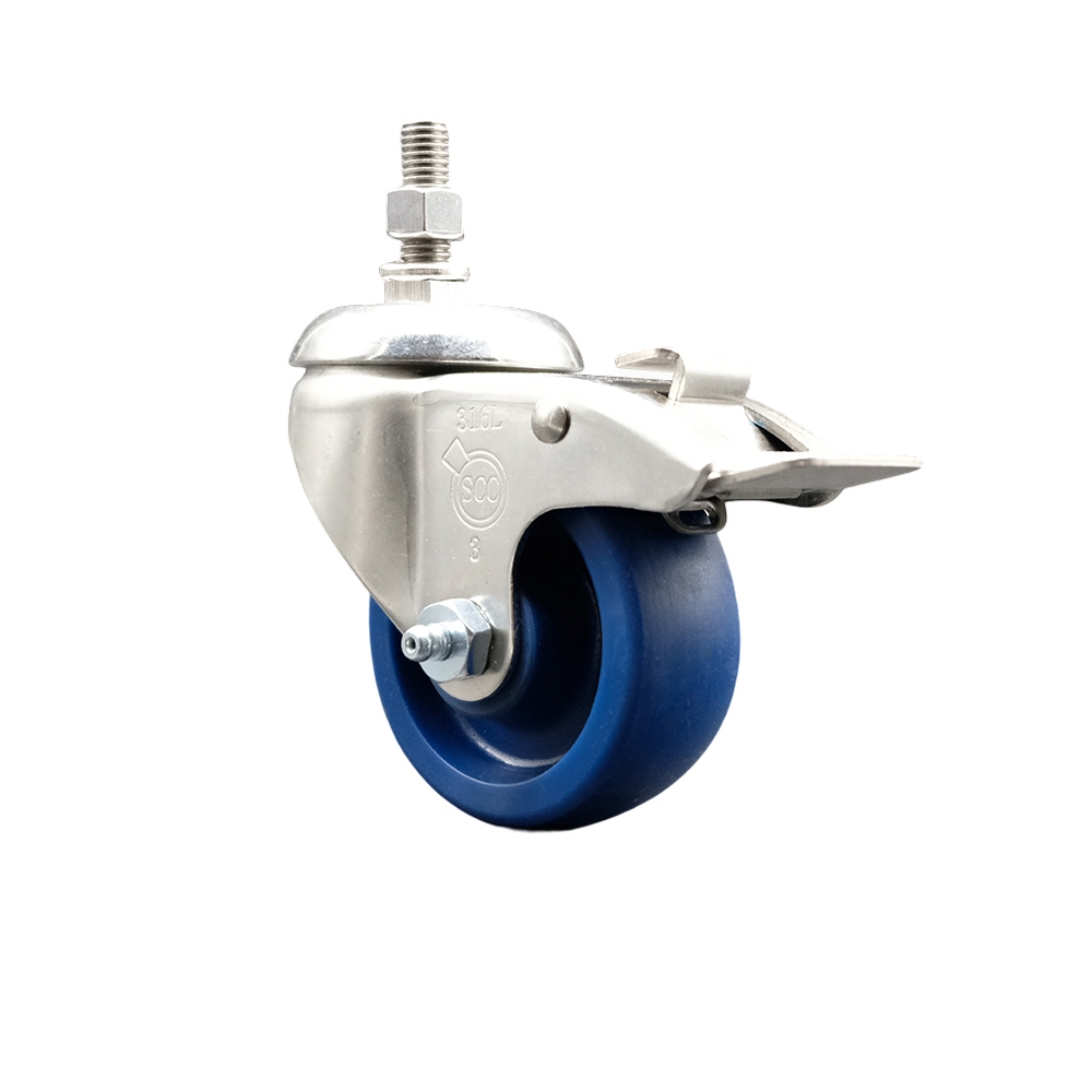 Solid Polyurethane Swivel Stem Caster with 3 Inch Blue Caster Wheel and Total Lock Brake - 1/2" Threaded Stem - 316 Stainless Steel Caster - 300 lbs. Capacity Per Caster - Service Caster Brand — photo 1