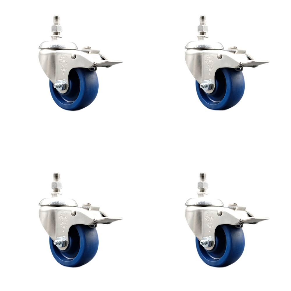 Solid Polyurethane Swivel Stem Caster Set of 4 with 3.5 Inch Caster Wheels - 3/8" Threaded Stems - 316 Stainless Steel Casters - Includes 4 Swivel Casters with Total Lock Brakes - Service Caster Brand — photo 1