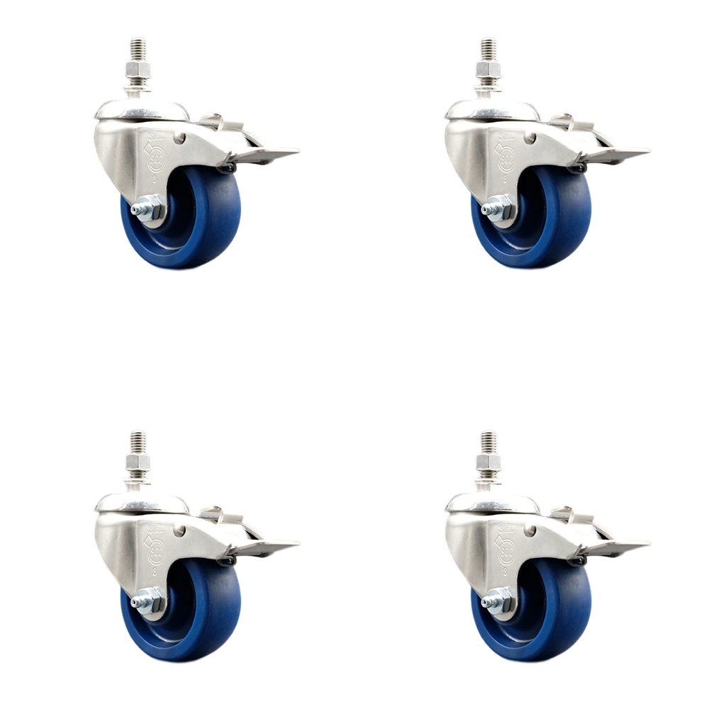 Solid Polyurethane Swivel Stem Caster Set of 4 with 3.5 Inch Caster Wheels-10mm Metric Threaded Stems -316 Stainless Steel Casters-Includes 4 Swivel Casters with Total Lock Brakes-Service Caster Brand — photo 1