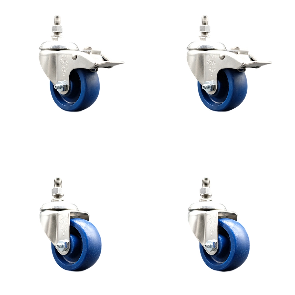 Solid Poly Swivel Stem Caster Set of 4 with 3.5 Inch Caster Wheels -12mm Threaded Stems-316 Stainless Steel Casters-Includes 2 Swivel Casters with Total Lock Brakes and 2 Swivel - Service Caster Brand — photo 1