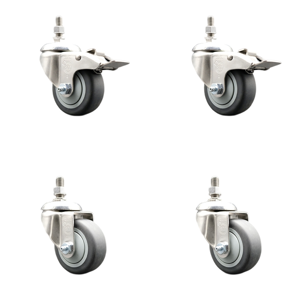 Thermoplastic Rubber Swivel Stem Caster Set of 4 with 3 Inch Caster Wheels-1/2" Threaded Stem-316 Stainless Steel Caster-Include 2 Swivel Caster with Total Lock Brake and 2 Swivel-Service Caster Brand — photo 1