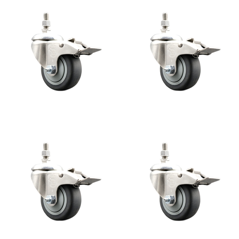 Thermoplastic Rubber Swivel Stem Caster Set of 4 with 3.5 Inch Caster Wheels - 1/2" Threaded Stems - 316 Stainless Steel Casters - Includes 4 Swivel Casters with Total Lock Brakes-Service Caster Brand — photo 1