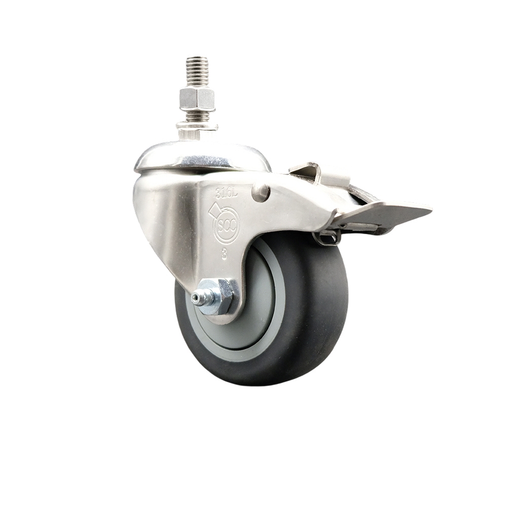 Thermoplastic Rubber Swivel Stem Caster with 3.5 Inch Gray Caster Wheel and Total Lock Brake - 1/2" Threaded Stem - 316 Stainless Steel Caster - 230 lbs. Capacity Per Caster - Service Caster Brand — photo 1