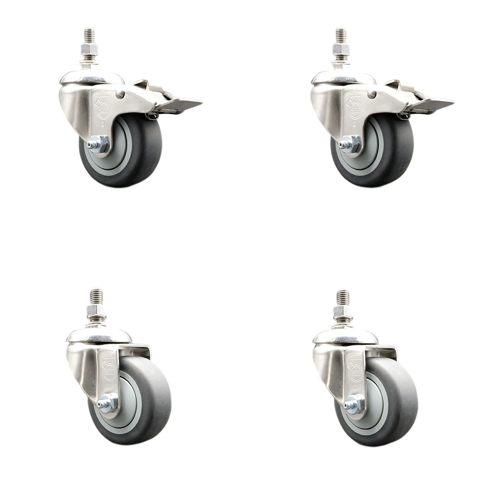 Thermoplastic Rubber Swivel Stem Caster Set of 4 with 3.5 Inch Caster Wheels-3/8" Threaded Stem-316 Stainless Steel Caster-Include 2 Swivel Caster with Total Lock Brake & 2 Swivel-Service Caster Brand — photo 1