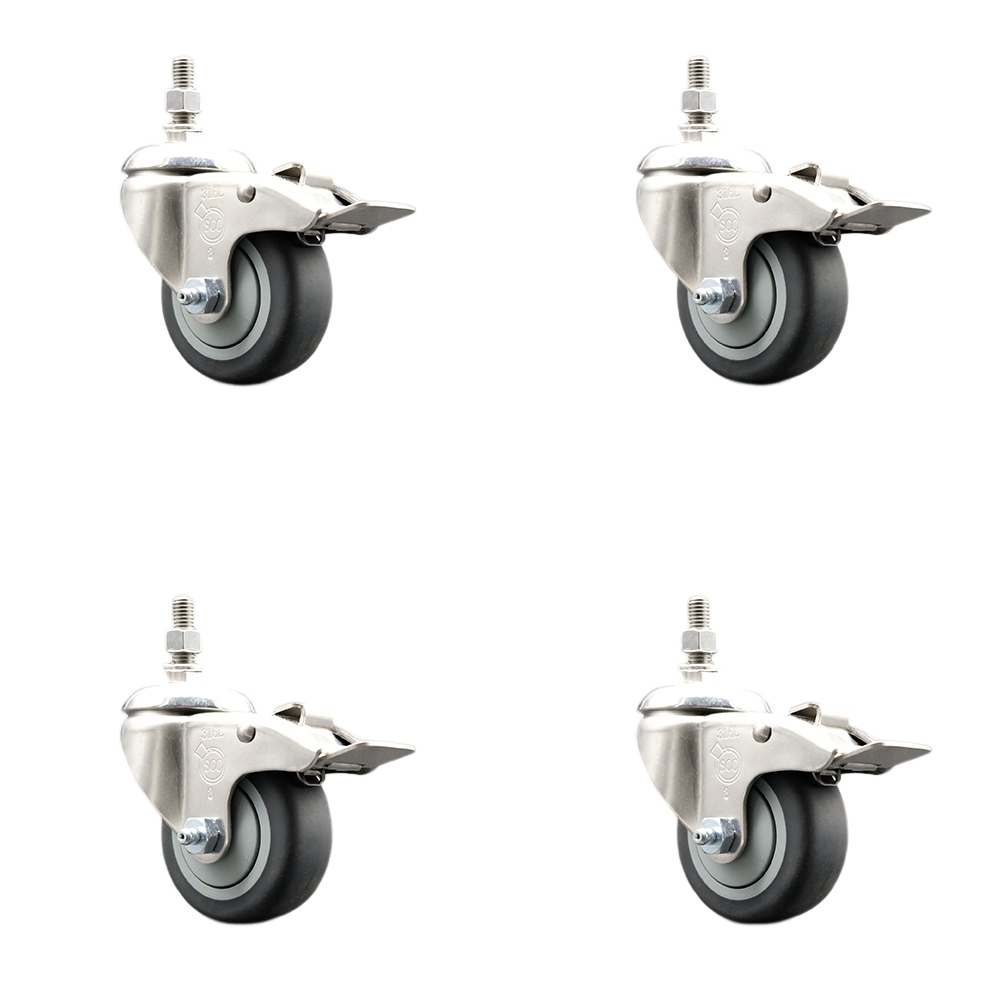Thermoplastic Rubber Swivel Stem Caster Set of 4 with 3.5 Inch Caster Wheels - 3/8" Threaded Stems - 316 Stainless Steel Casters - Includes 4 Swivel Casters with Total Lock Brakes-Service Caster Brand — photo 1