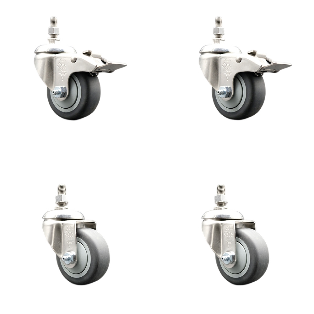 Thermoplastic Rubber Swivel Stem Caster Set of 4 with 3.5 Inch Caster Wheels-10mm Threaded Stem-316 Stainless Steel Caster-Include 2 Swivel Caster with Total Lock Brake & 2 Swivel-Service Caster Brand — photo 1