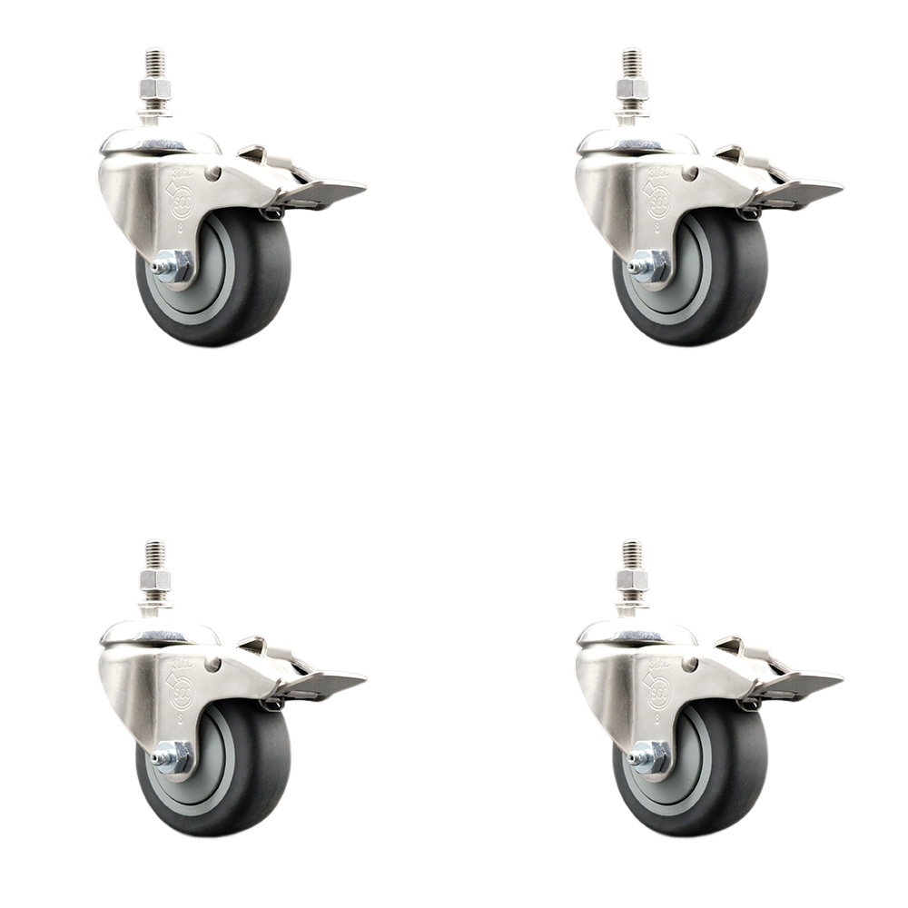 Thermoplastic Rubber Swivel Stem Caster Set of 4 with 3.5 Inch Caster Wheels -10mm Metric Threaded Stems-316 Stainless Steel Casters-Include 4 Swivel Casters with Total Lock Brake-Service Caster Brand — photo 1