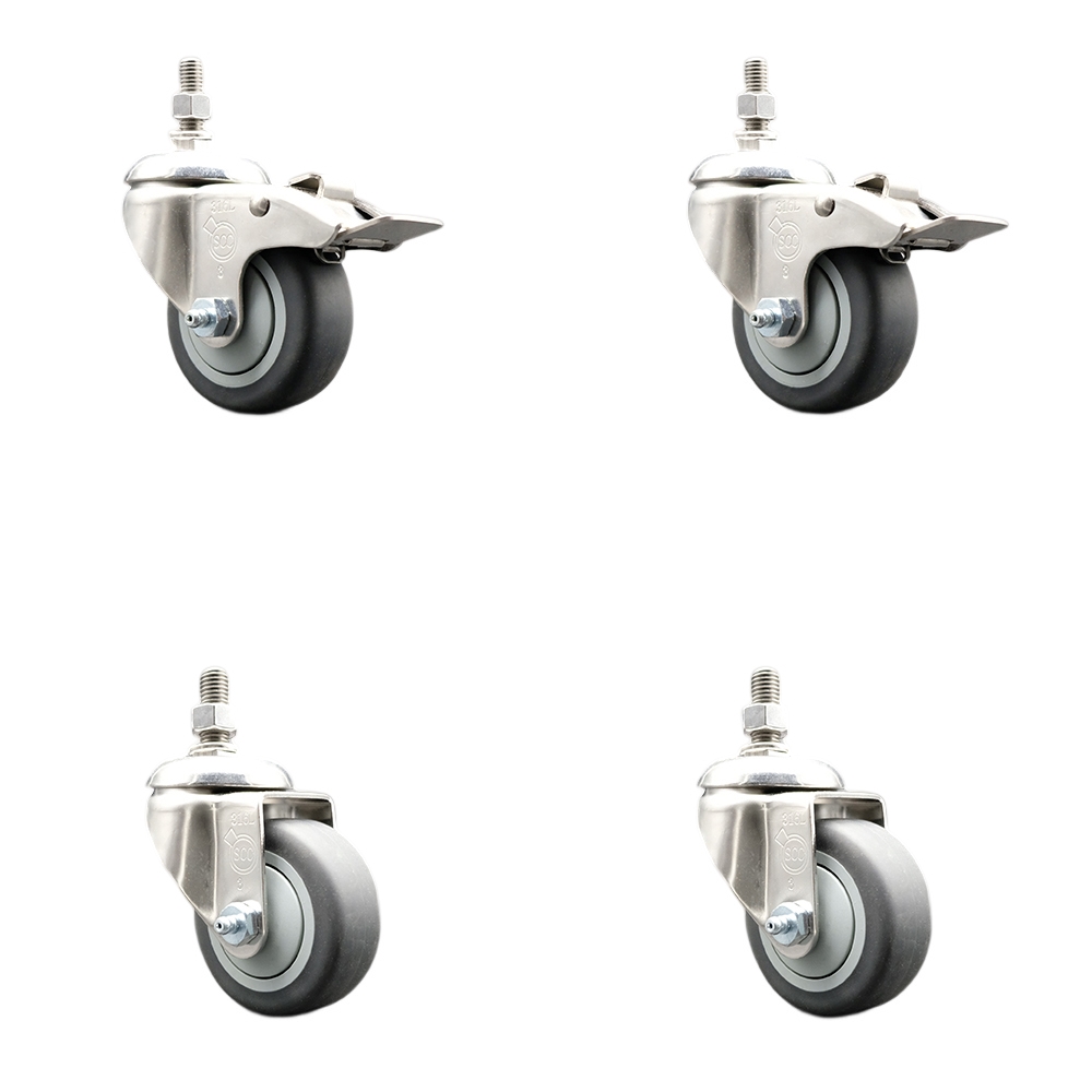 Thermoplastic Rubber Swivel Stem Caster Set of 4 with 3.5 Inch Caster Wheels-12mm Threaded Stem-316 Stainless Steel Caster-Include 2 Swivel Caster with Total Lock Brake & 2 Swivel-Service Caster Brand — photo 1