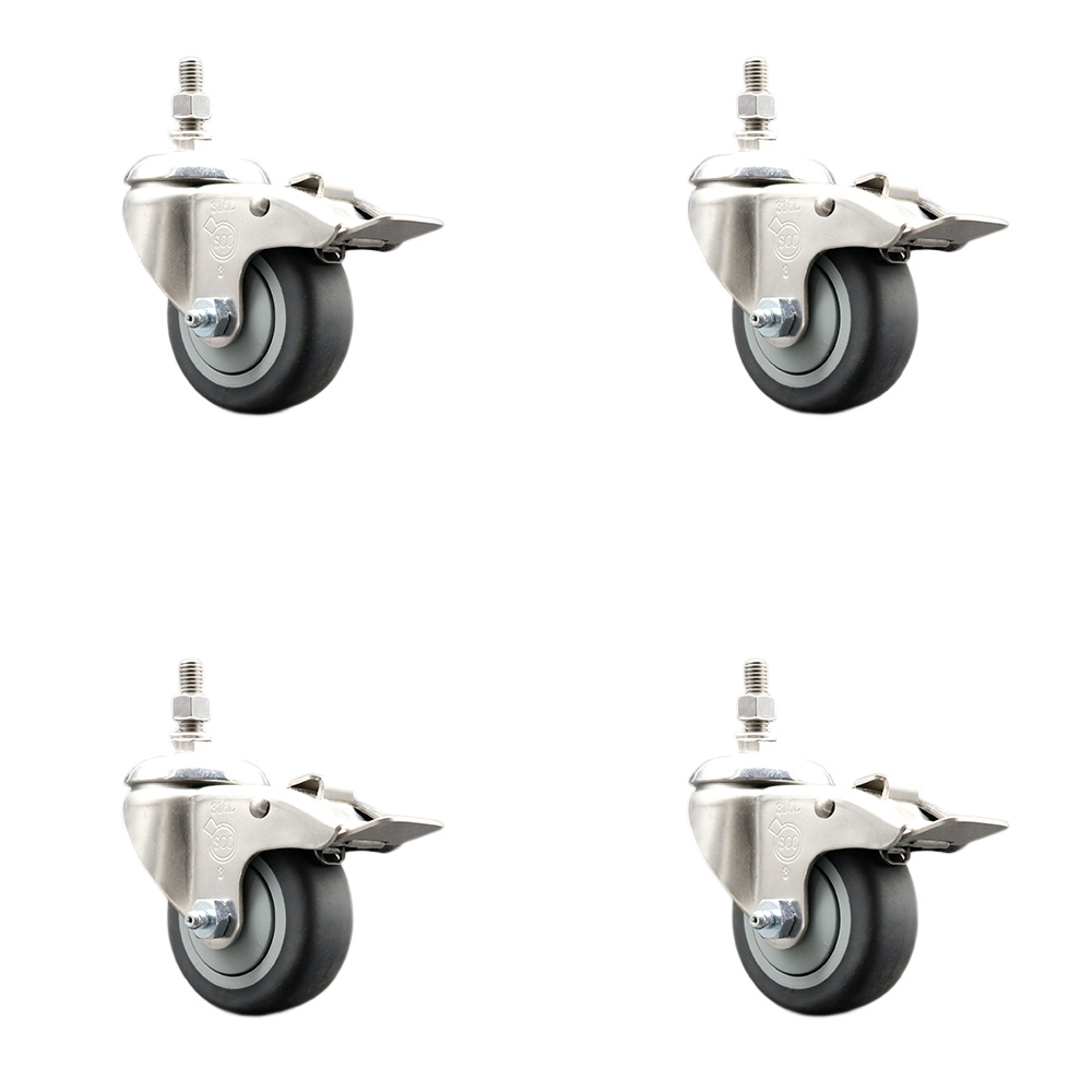 Thermoplastic Rubber Swivel Stem Caster Set of 4 with 3 Inch Caster Wheels -12mm Metric Threaded Stems-316 Stainless Steel Casters-Includes 4 Swivel Casters with Total Lock Brakes-Service Caster Brand — photo 1