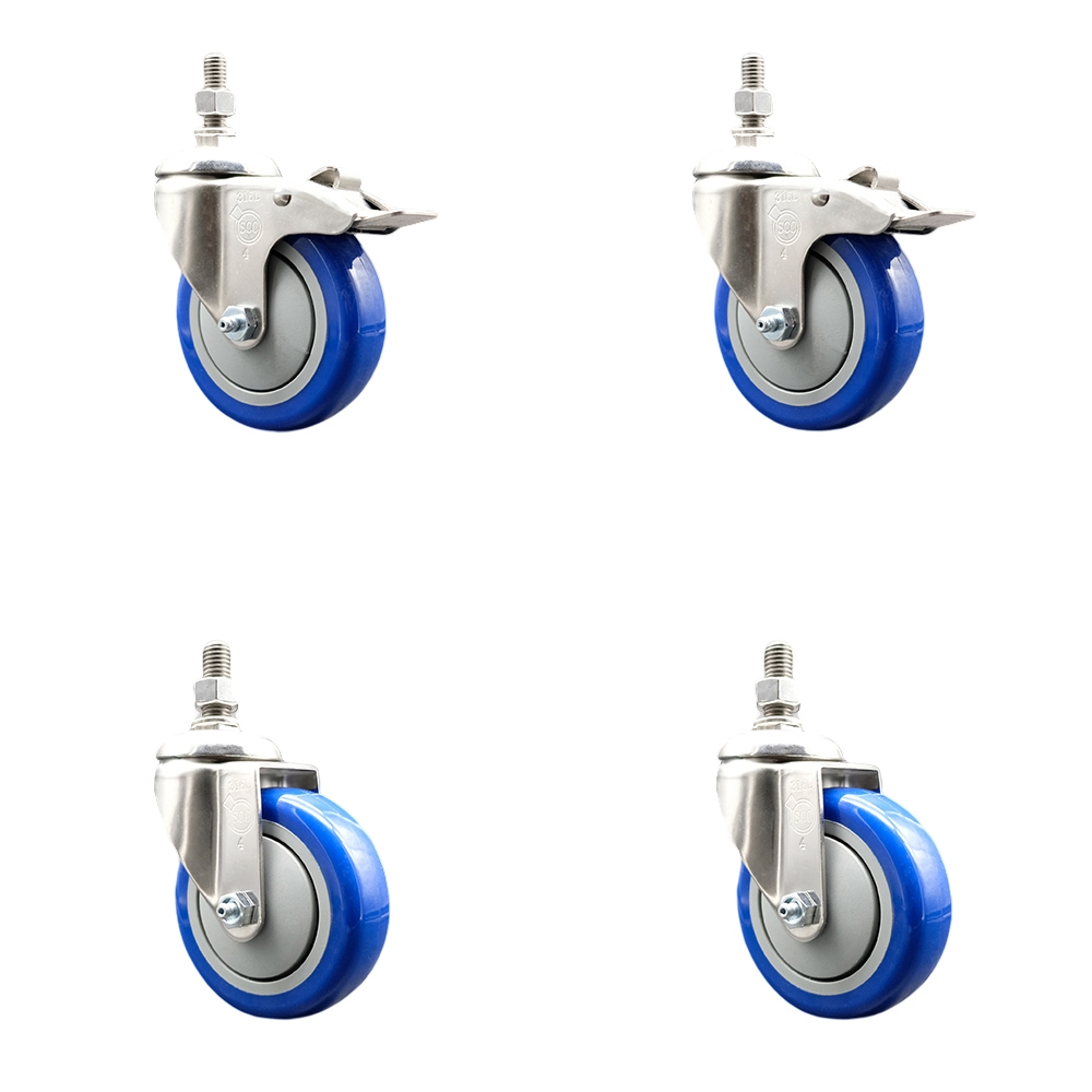 Poly Swivel Stem Caster Set of 4 with 4 Inch Blue Caster Wheels - 1/2" Threaded Stems - 316 Stainless Steel Casters -Includes 2 Swivel Casters with Total Lock Brakes and 2 Swivel-Service Caster Brand — photo 1