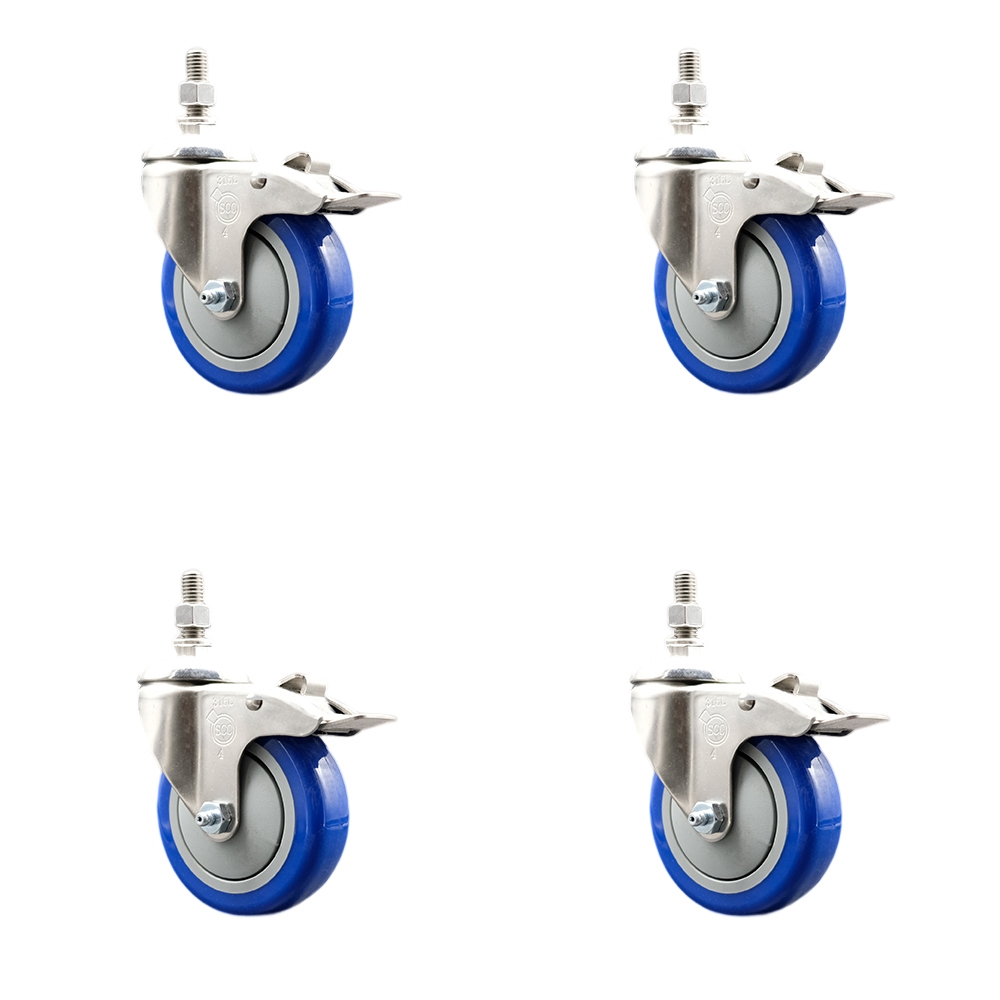 Polyurethane Swivel Stem Caster Set of 4 with 4 Inch Blue Caster Wheels - 1/2" Threaded Stems - 316 Stainless Steel Casters - Includes 4 Swivel Casters with Total Lock Brakes - Service Caster Brand — photo 1