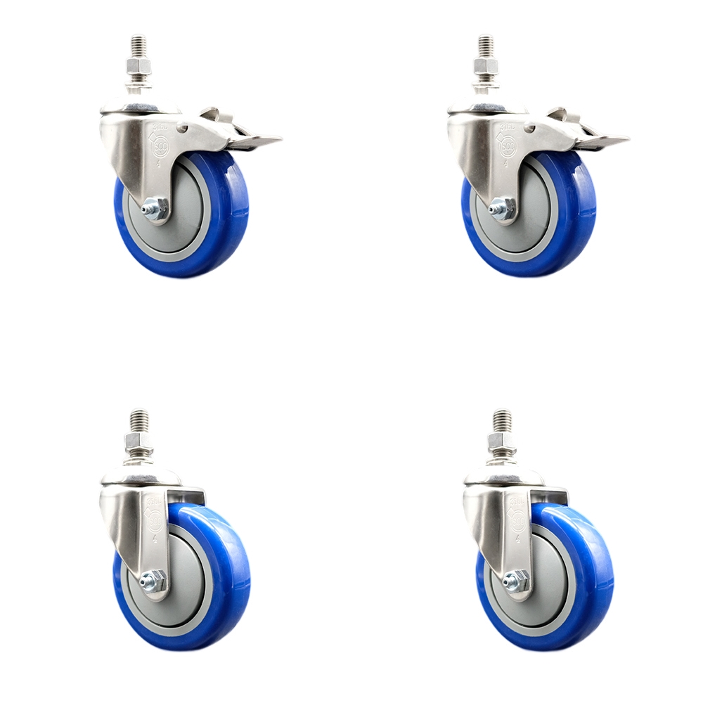 Poly Swivel Stem Caster Set of 4 with 4 Inch Blue Caster Wheels - 3/8" Threaded Stems - 316 Stainless Steel Casters -Includes 2 Swivel Casters with Total Lock Brakes and 2 Swivel-Service Caster Brand — photo 1