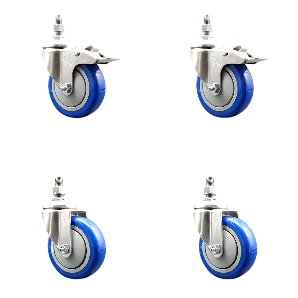 Poly Swivel Stem Caster Set of 4 with 4 Inch Blue Caster Wheels-10mm Metric Threaded Stems-316 Stainless Steel Casters-Include 2 Swivel Casters with Total Lock Brake and 2 Swivel-Service Caster Brand — photo 1