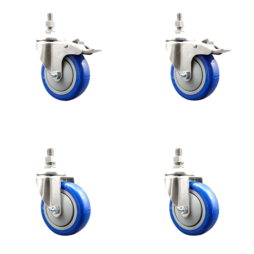 Poly Swivel Stem Caster Set of 4 with 4 Inch Blue Caster Wheels-12mm Metric Threaded Stems-316 Stainless Steel Casters-Include 2 Swivel Casters with Total Lock Brake and 2 Swivel-Service Caster Brand — photo 1