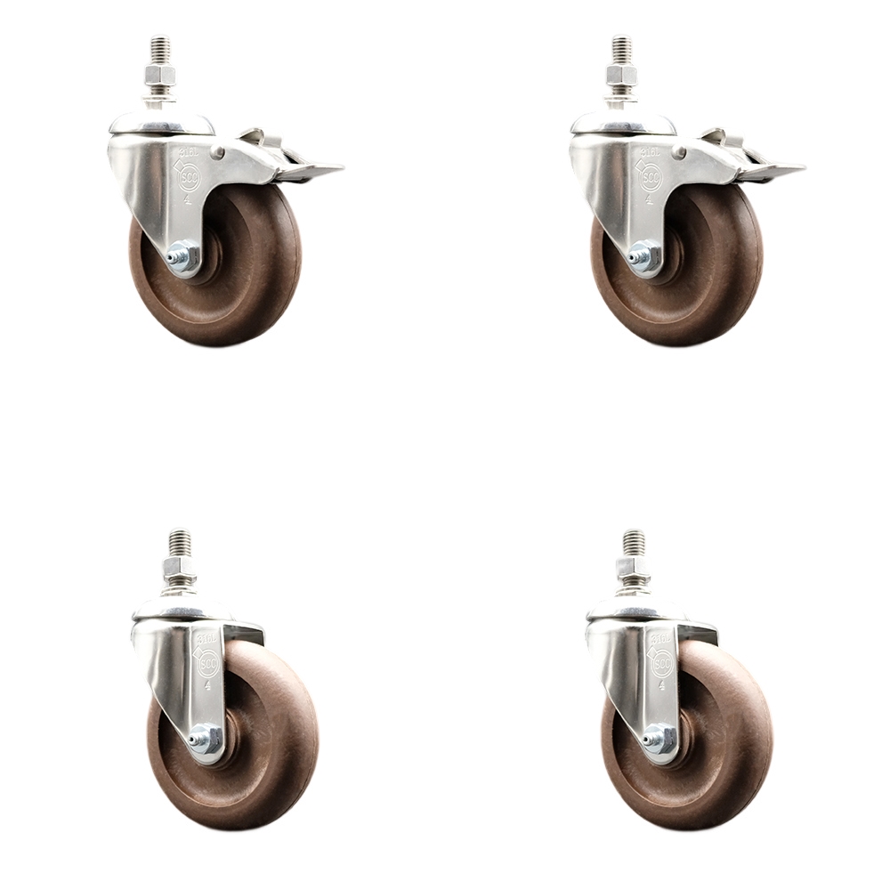 High Temp Glass Filled Nylon Swivel Stem Caster Set of 4 with 4 Inch Caster Wheel-1/2" Threaded Stem-316 Stainless Steel Caster-Include 2 Swivel with Total Lock Brake and 2 Swivel-Service Caster Brand — photo 1
