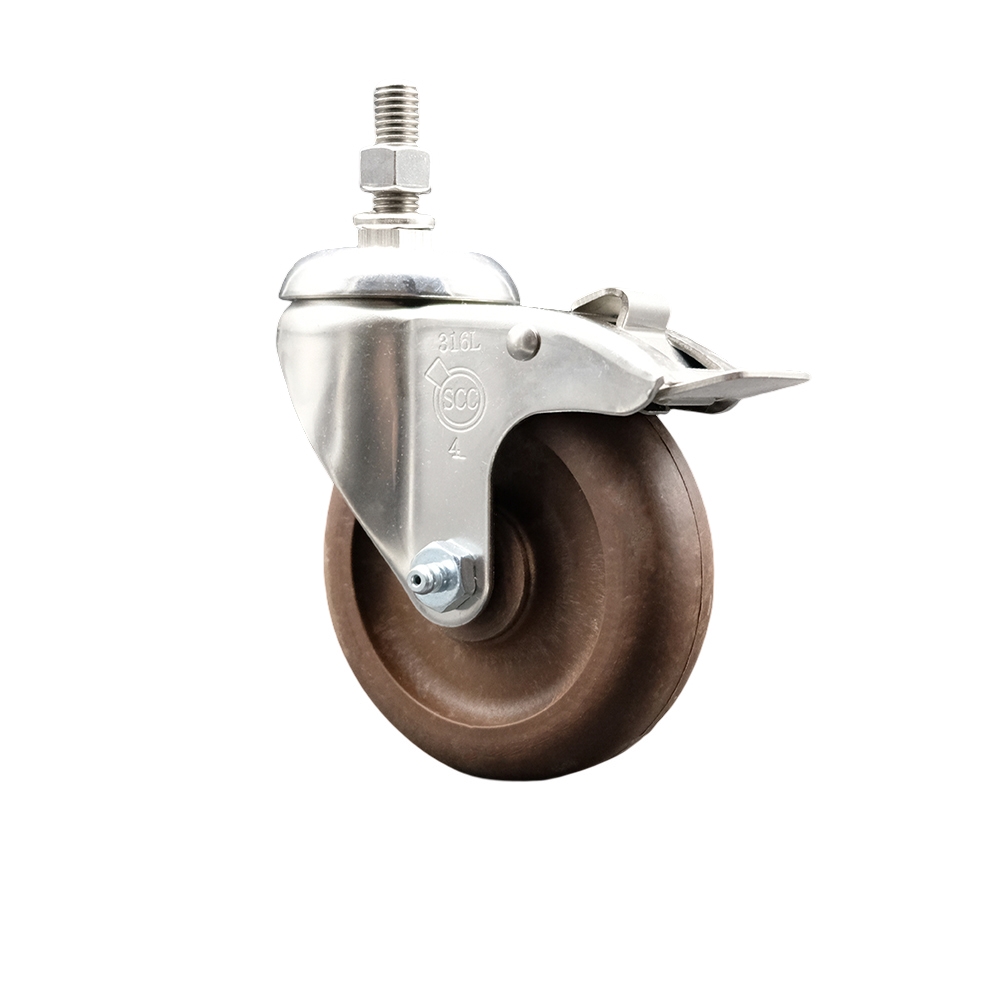 High Temp Glass Filled Nylon Swivel Stem Caster with 4 Inch Brown Caster Wheel and Total Lock Brake-1/2" Threaded Stem- 316 Stainless Steel Caster - 350 lbs. Capacity Per Caster - Service Caster Brand — photo 1