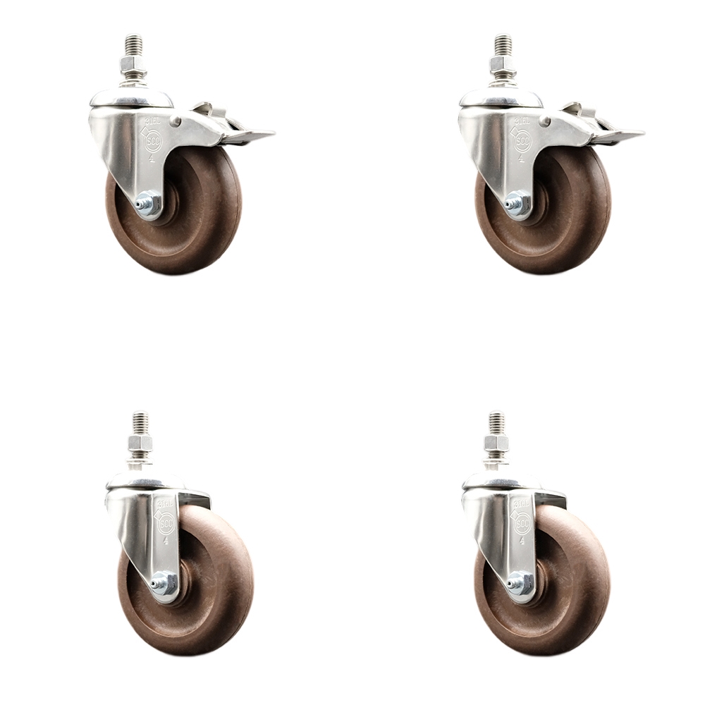 High Temp Glass Filled Nylon Swivel Stem Caster Set of 4 with 4 Inch Caster Wheel-3/8" Threaded Stem-316 Stainless Steel Caster-Include 2 Swivel with Total Lock Brake and 2 Swivel-Service Caster Brand — photo 1