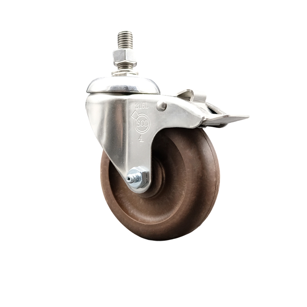 High Temp Glass Filled Nylon Swivel Stem Caster with 4 Inch Brown Caster Wheel and Total Lock Brake-3/8" Threaded Stem- 316 Stainless Steel Caster - 350 lbs. Capacity Per Caster - Service Caster Brand — photo 1