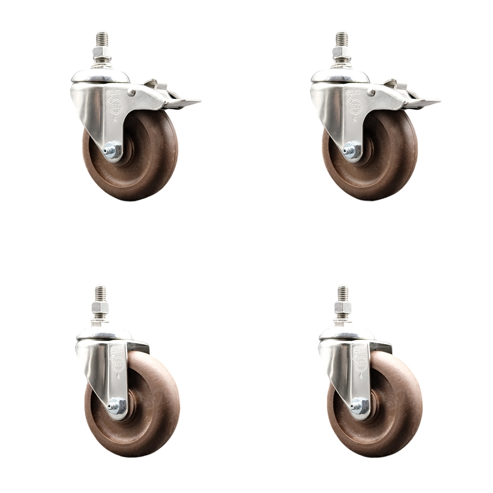 High Temp Glass Filled Nylon Swivel Stem Caster Set of 4 with 4 Inch Caster Wheel-10mm Threaded Stem-316 Stainless Steel Caster-Include 2 Swivel with Total Lock Brake and 2 Swivel-Service Caster Brand — photo 1