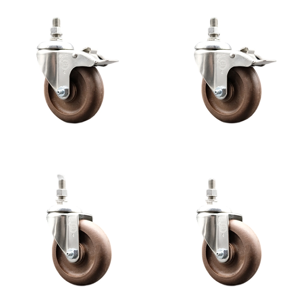 High Temp Glass Filled Nylon Swivel Stem Caster Set of 4 with 4 Inch Caster Wheel-12mm Threaded Stem-316 Stainless Steel Caster-Include 2 Swivel with Total Lock Brake and 2 Swivel-Service Caster Brand — photo 1