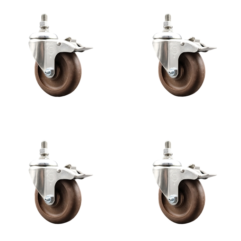 High Temp Glass Filled Nylon Swivel Stem Caster Set of 4 with 4 Inch Caster Wheels-12mm Metric Threaded Stem-316 Stainless Steel Caster-Include 4 Swivel Caster w/Total Lock Brakes-Service Caster Brand — photo 1