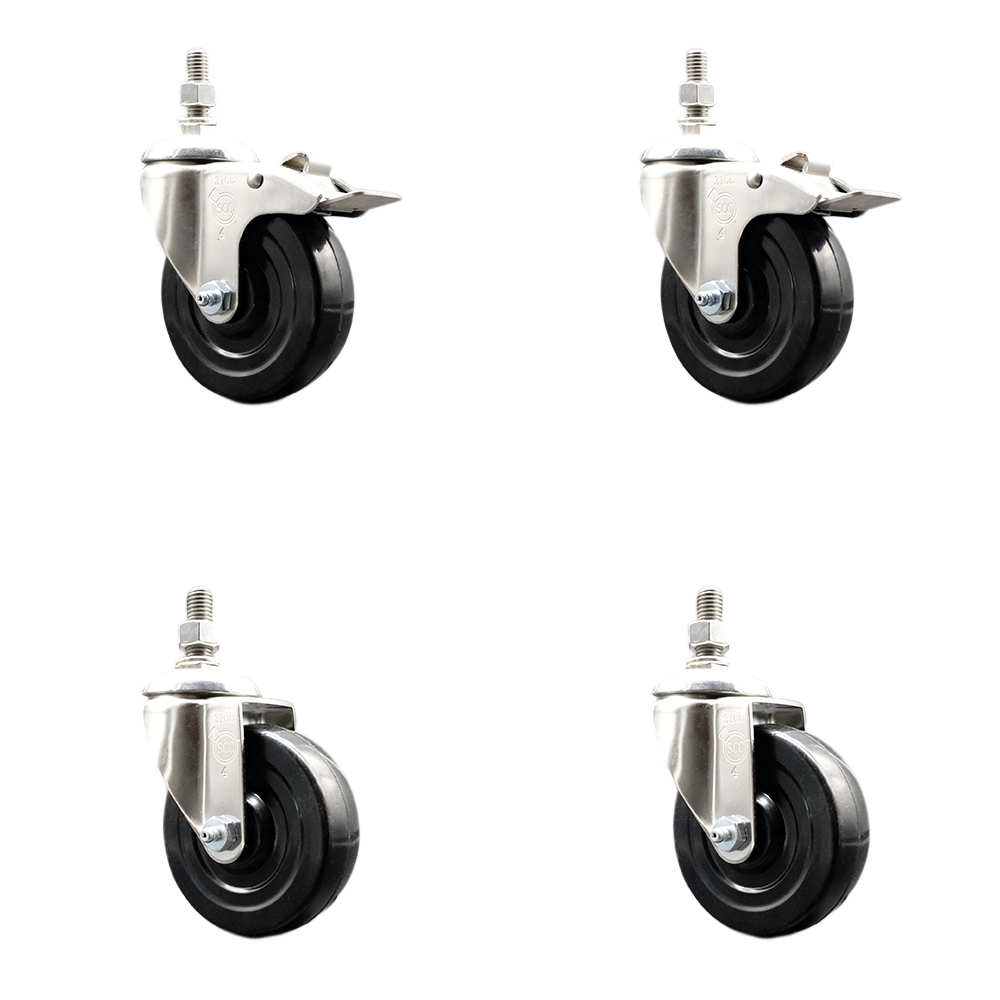 Soft Rubber Swivel Stem Caster Set of 4 with 4 Inch Caster Wheels - 1/2" Threaded Stems - 316 Stainless Steel Casters-Includes 2 Swivel Casters with Total Lock Brakes and 2 Swivel-Service Caster Brand — photo 1