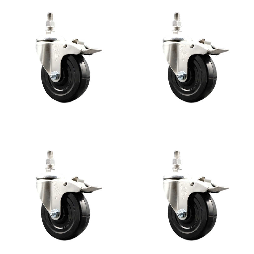 Soft Rubber Swivel Stem Caster Set of 4 with 4 Inch Caster Wheels - 1/2" Threaded Stems - 316 Stainless Steel Casters - Includes 4 Swivel Casters with Total Lock Brakes - Service Caster Brand — photo 1