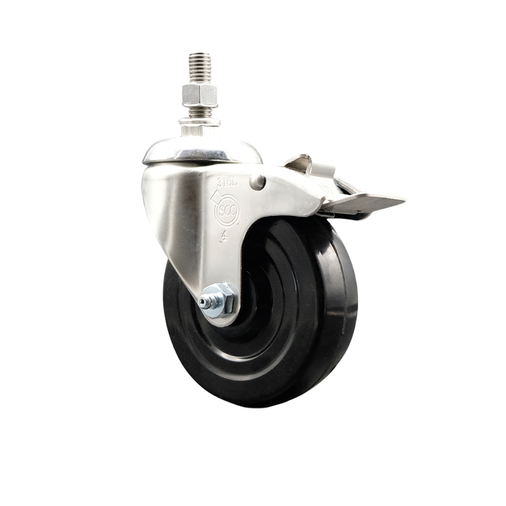 Hard Rubber Swivel Stem Caster with 4 Inch Black Caster Wheel and Total Lock Brake - 1/2" Threaded Stem - 316 Stainless Steel Caster - 300 lbs. Capacity Per Caster - Service Caster Brand — photo 1