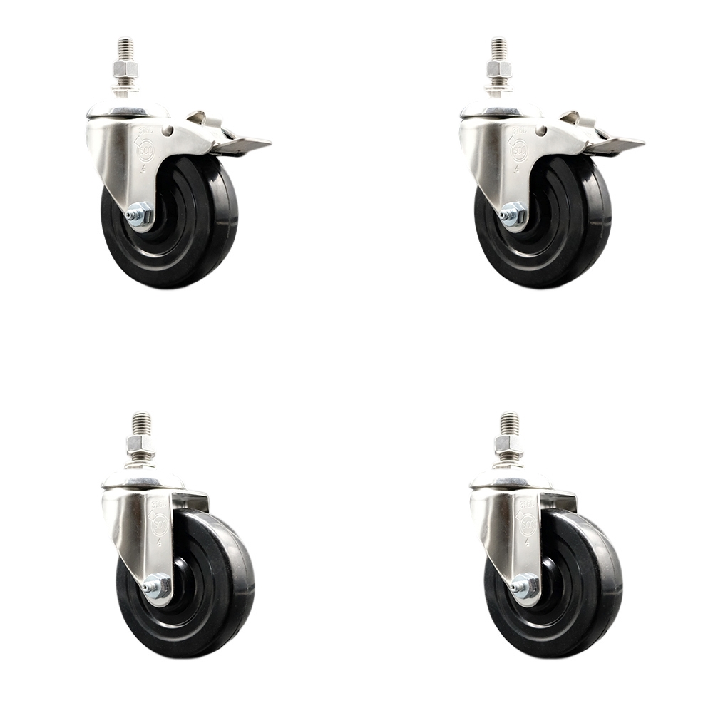 Soft Rubber Swivel Stem Caster Set of 4 with 4 Inch Caster Wheels - 3/8" Threaded Stems - 316 Stainless Steel Casters-Includes 2 Swivel Casters with Total Lock Brakes and 2 Swivel-Service Caster Brand — photo 1