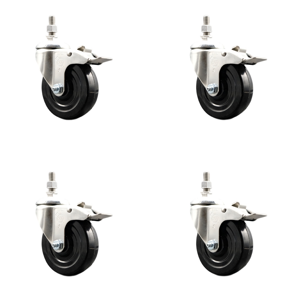 Hard Rubber Swivel Stem Caster Set of 4 with 4 Inch Caster Wheels - 3/8" Threaded Stems - 316 Stainless Steel Casters - Includes 4 Swivel Casters with Total Lock Brakes - Service Caster Brand — photo 1