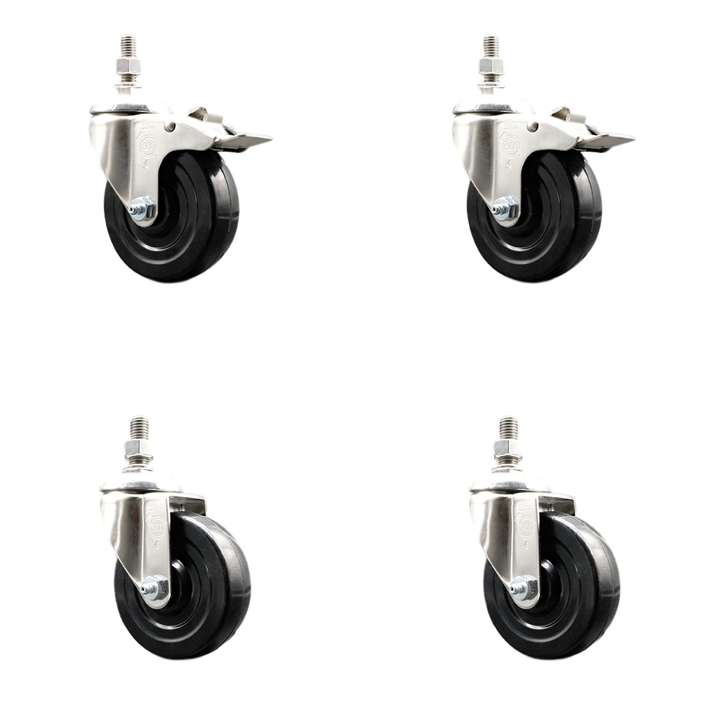 Soft Rubber Swivel Stem Caster Set of 4 with 4 Inch Caster Wheels-10mm Metric Threaded Stems-316 Stainless Steel Caster-Include 2 Swivel Casters with Total Lock Brake and 2 Swivel-Service Caster Brand — photo 1