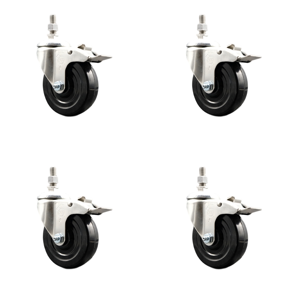 Soft Rubber Swivel Stem Caster Set of 4 with 4 Inch Caster Wheels - 10mm Metric Threaded Stems - 316 Stainless Steel Casters - Includes 4 Swivel Casters with Total Lock Brakes - Service Caster Brand — photo 1