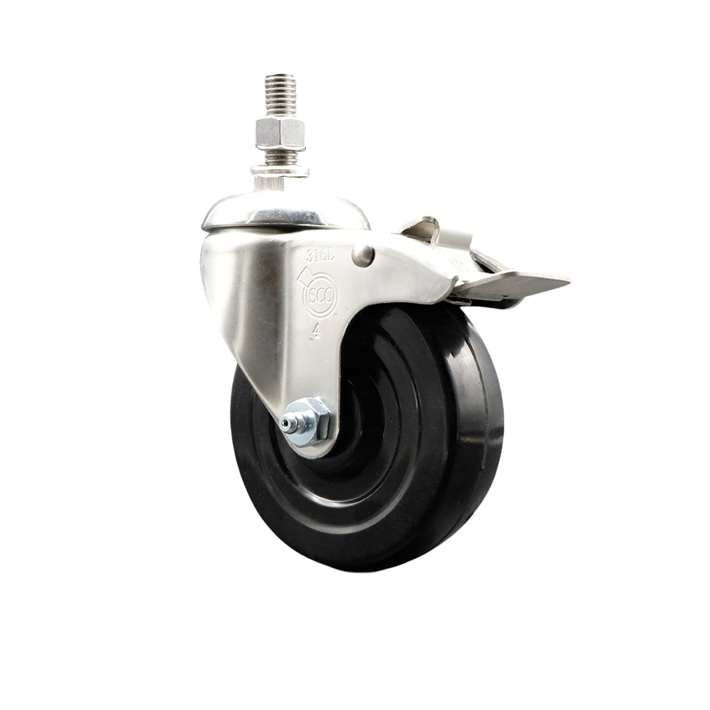 Soft Rubber Swivel Stem Caster with 4 Inch Black Caster Wheel and Total Lock Brake - 10mm Metric Threaded Stem - 316 Stainless Steel Caster - 200 lbs. Capacity Per Caster - Service Caster Brand — photo 1