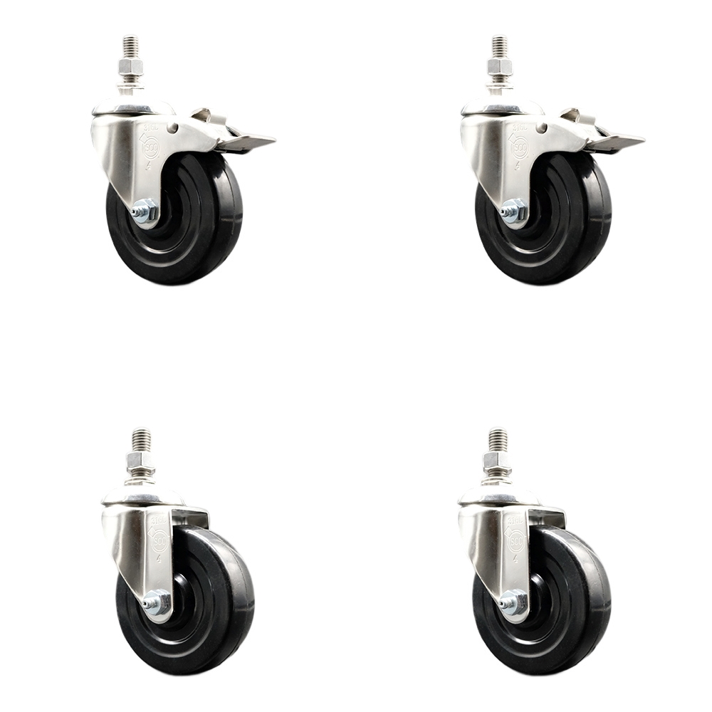 Soft Rubber Swivel Stem Caster Set of 4 with 4 Inch Caster Wheels-12mm Metric Threaded Stems-316 Stainless Steel Caster-Include 2 Swivel Casters with Total Lock Brake and 2 Swivel-Service Caster Brand — photo 1