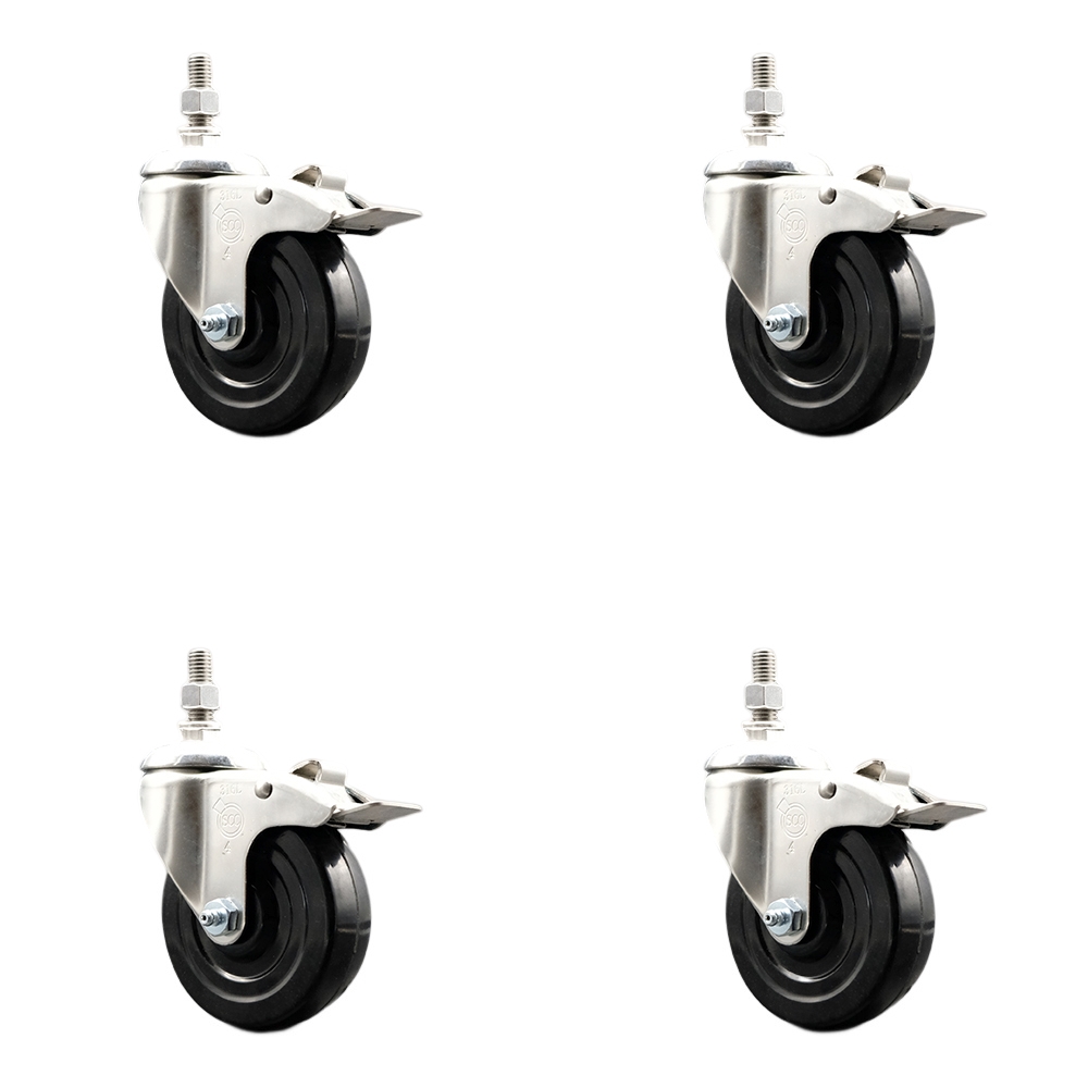 Hard Rubber Swivel Stem Caster Set of 4 with 4 Inch Caster Wheels - 12mm Metric Threaded Stems - 316 Stainless Steel Casters - Includes 4 Swivel Casters with Total Lock Brakes - Service Caster Brand — photo 1