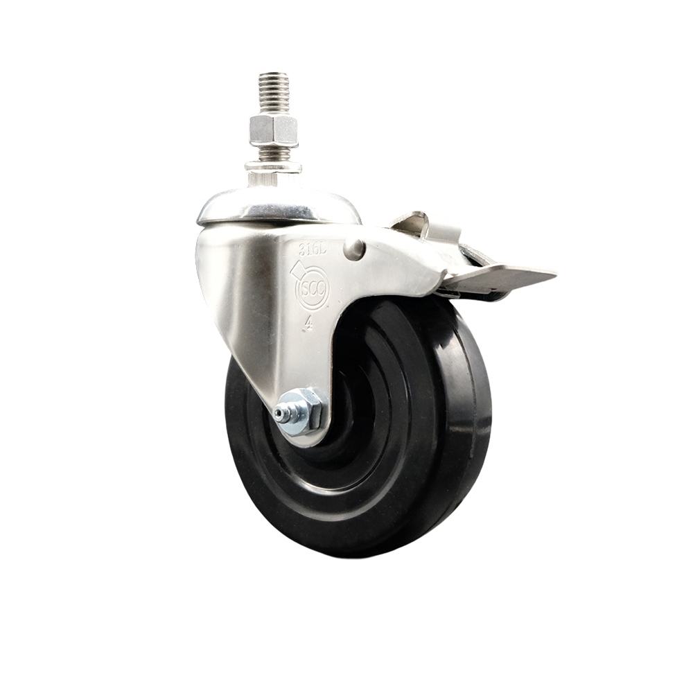 Soft Rubber Swivel Stem Caster with 4 Inch Black Caster Wheel and Total Lock Brake - 12mm Metric Threaded Stem - 316 Stainless Steel Caster - 200 lbs. Capacity Per Caster - Service Caster Brand — photo 1
