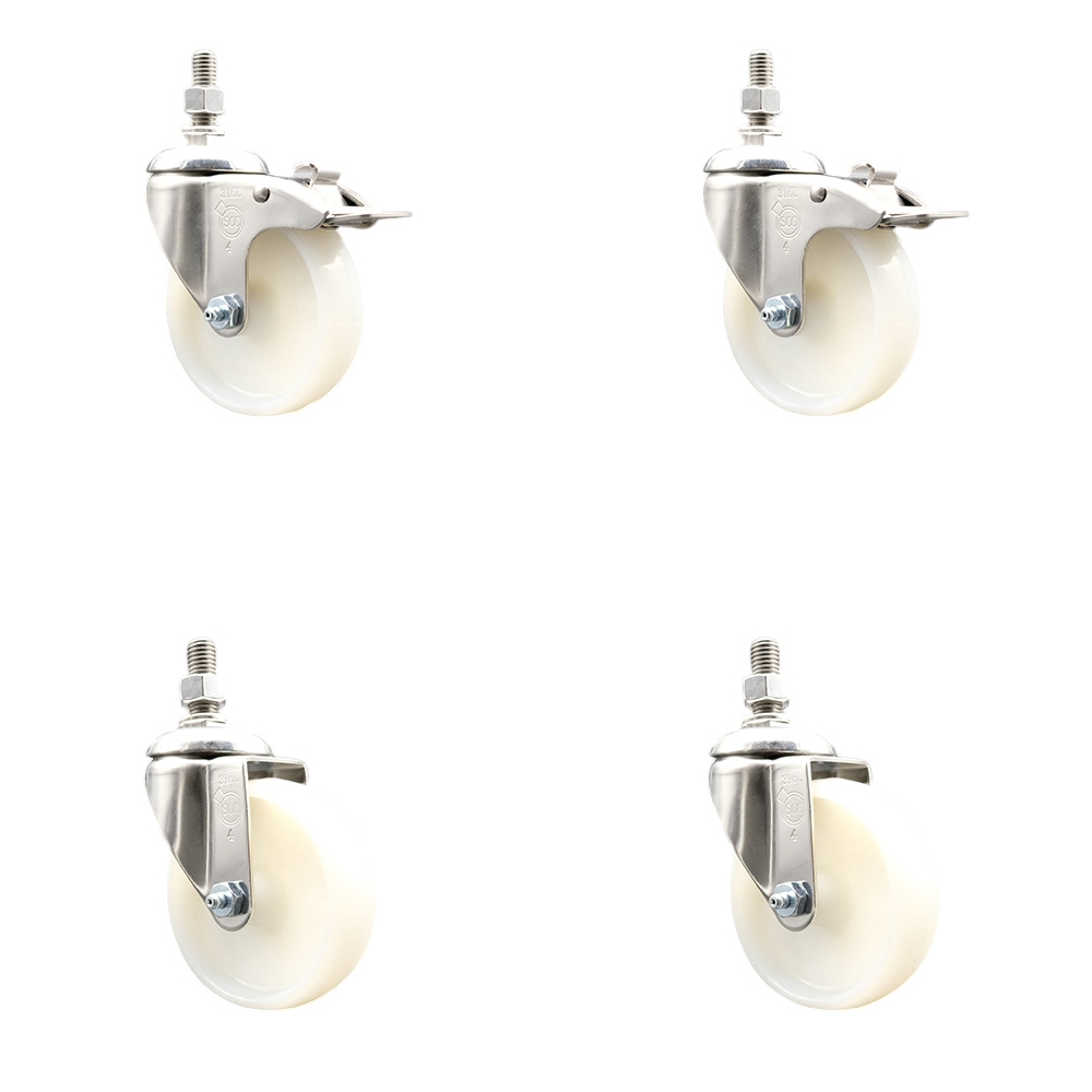 Nylon Swivel Stem Caster Set of 4 with 4 Inch Caster Wheels - 1/2" Threaded Stems - 316 Stainless Steel Casters - Includes 2 Swivel Casters with Total Lock Brakes and 2 Swivel - Service Caster Brand — photo 1