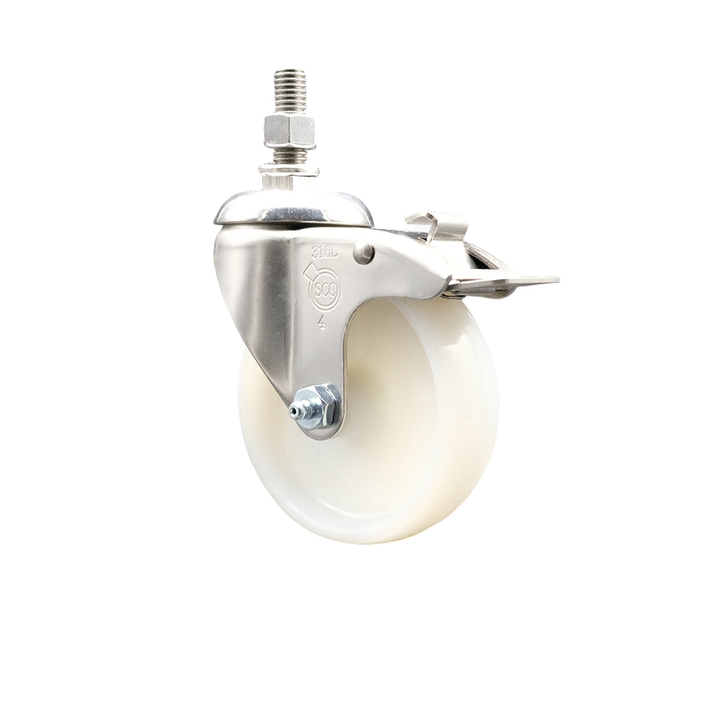 Nylon Swivel Stem Caster with 4 Inch White Caster Wheel and Total Lock Brake - 1/2" Threaded Stem - 316 Stainless Steel Caster - 300 lbs. Capacity Per Caster - Service Caster Brand — photo 1