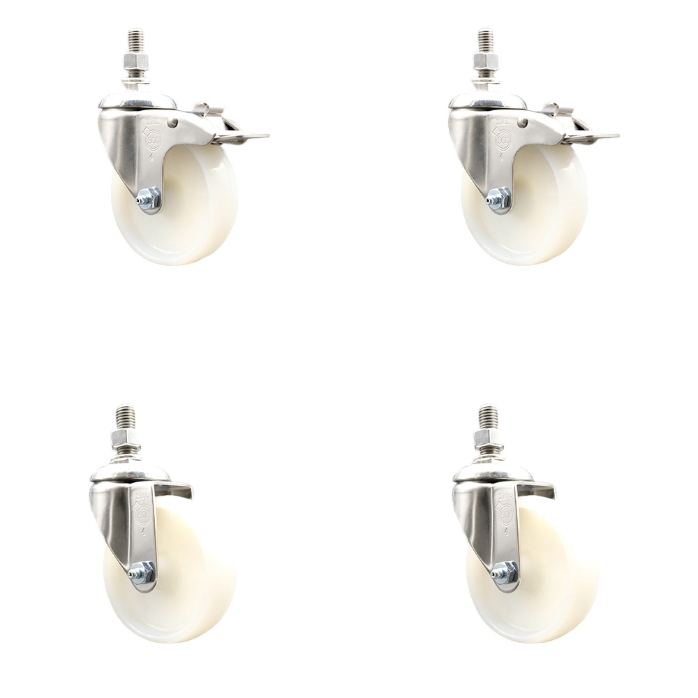 Nylon Swivel Stem Caster Set of 4 with 4 Inch Caster Wheels - 3/8" Threaded Stems - 316 Stainless Steel Casters - Includes 2 Swivel Casters with Total Lock Brakes and 2 Swivel - Service Caster Brand — photo 1