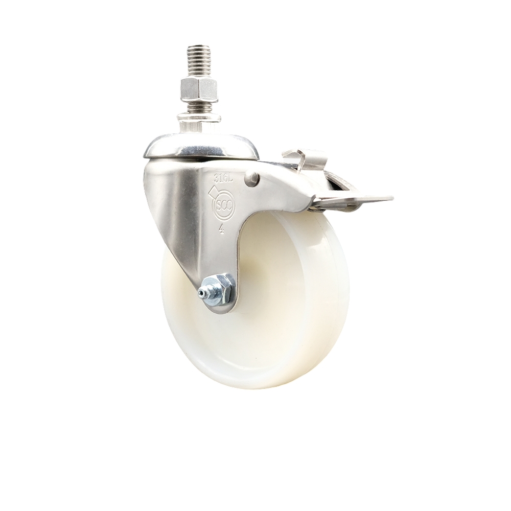 Nylon Swivel Stem Caster with 4 Inch White Caster Wheel and Total Lock Brake - 3/8" Threaded Stem - 316 Stainless Steel Caster - 300 lbs. Capacity Per Caster - Service Caster Brand — photo 1