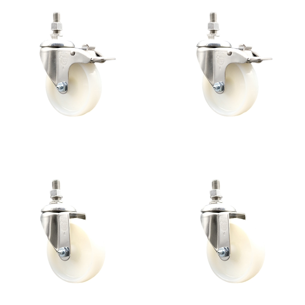 Nylon Swivel Stem Caster Set of 4 with 4 Inch Caster Wheels - 10mm Metric Threaded Stems -316 Stainless Steel Casters-Includes 2 Swivel Casters with Total Lock Brakes and 2 Swivel-Service Caster Brand — photo 1