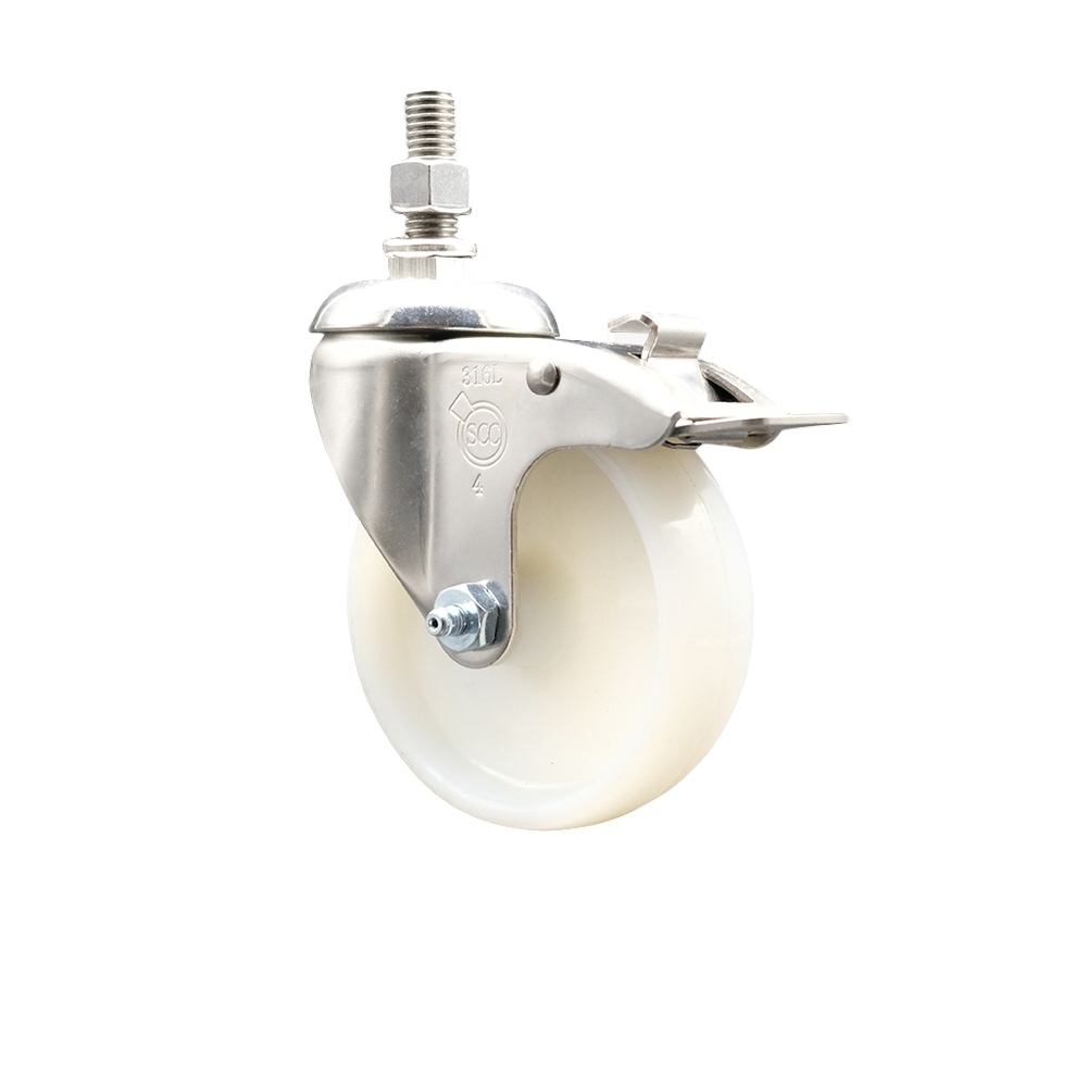 Nylon Swivel Stem Caster with 4 Inch White Caster Wheel and Total Lock Brake - 10mm Metric Threaded Stem - 316 Stainless Steel Caster - 300 lbs. Capacity Per Caster - Service Caster Brand — photo 1